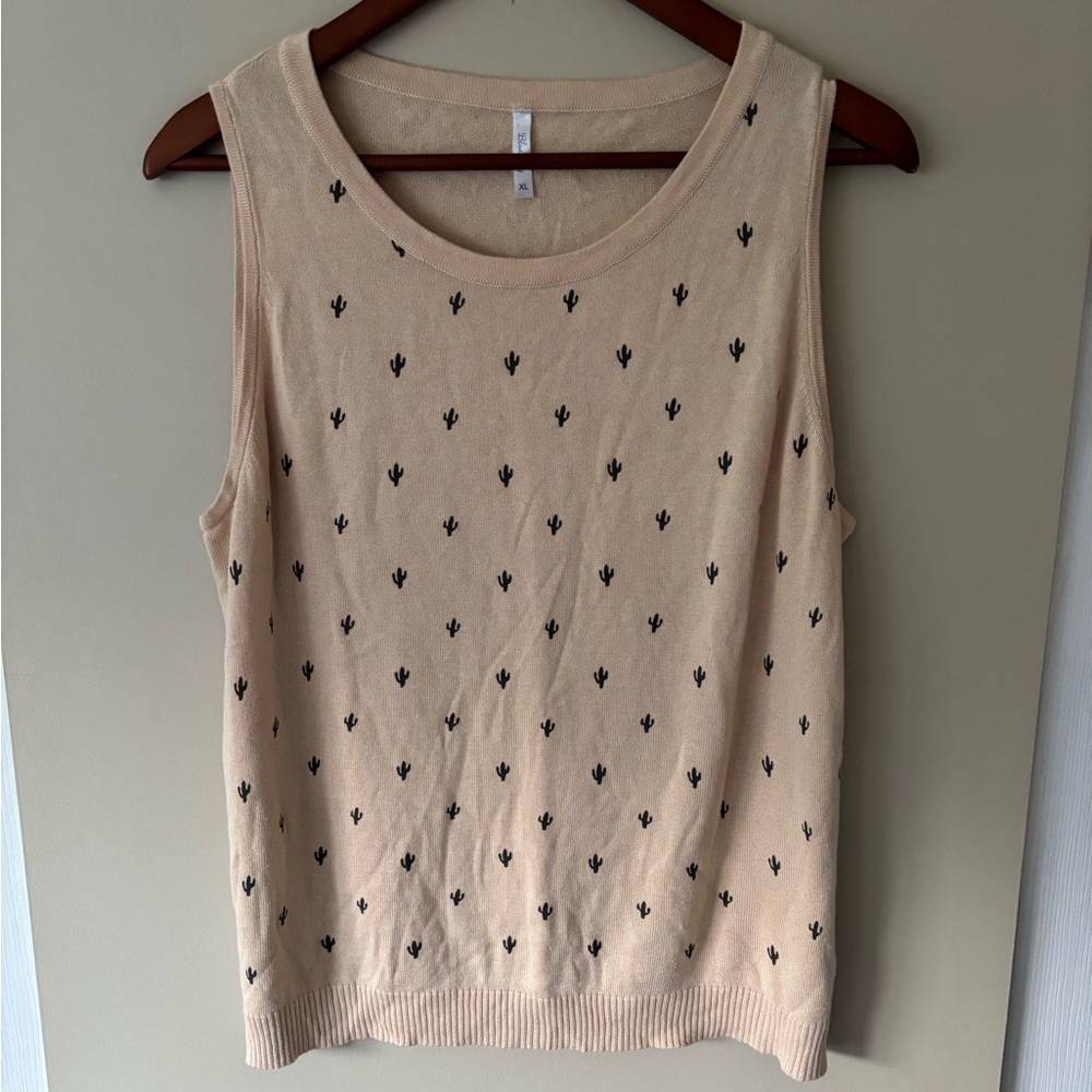 Blue Sky Sleeveless Beige Cactus Tank Top Size XL